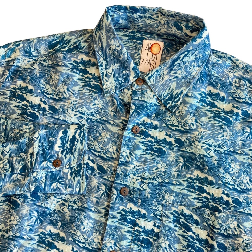 Aloha Marina Shirt Mens M Linen Blend Blue Tropical Island Cotton Button Down